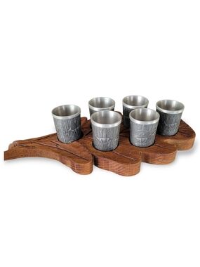Vintage German Pewter Schnapps Set Deer Shot Glasses Oak Leaf Tray